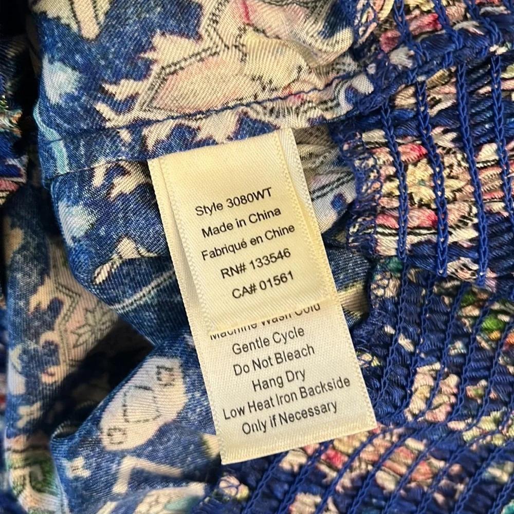Anthropologie Ecru Weaver Kilim Royal Cobalt Blue Silk Tie Neck Tassel Blouse M